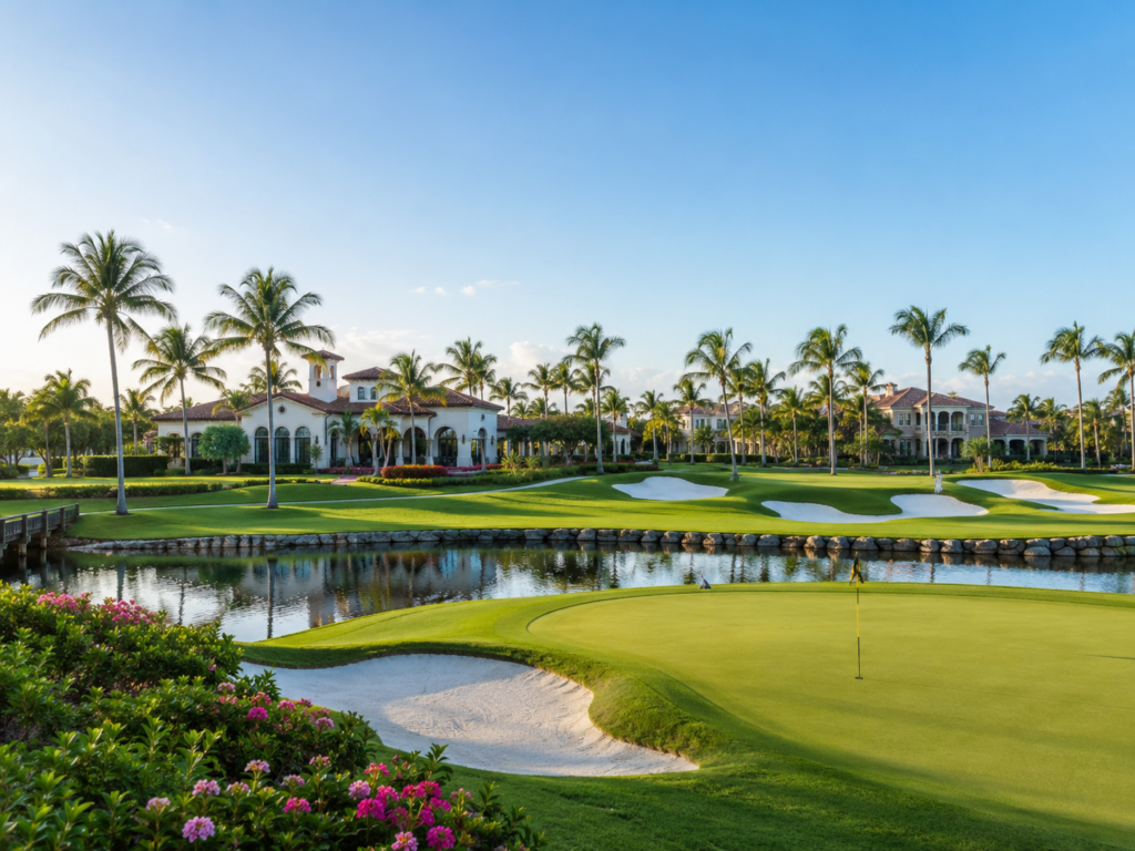 Luxury golf course community with palm trees and clubhouse-style homes in Palm Beach Gardens