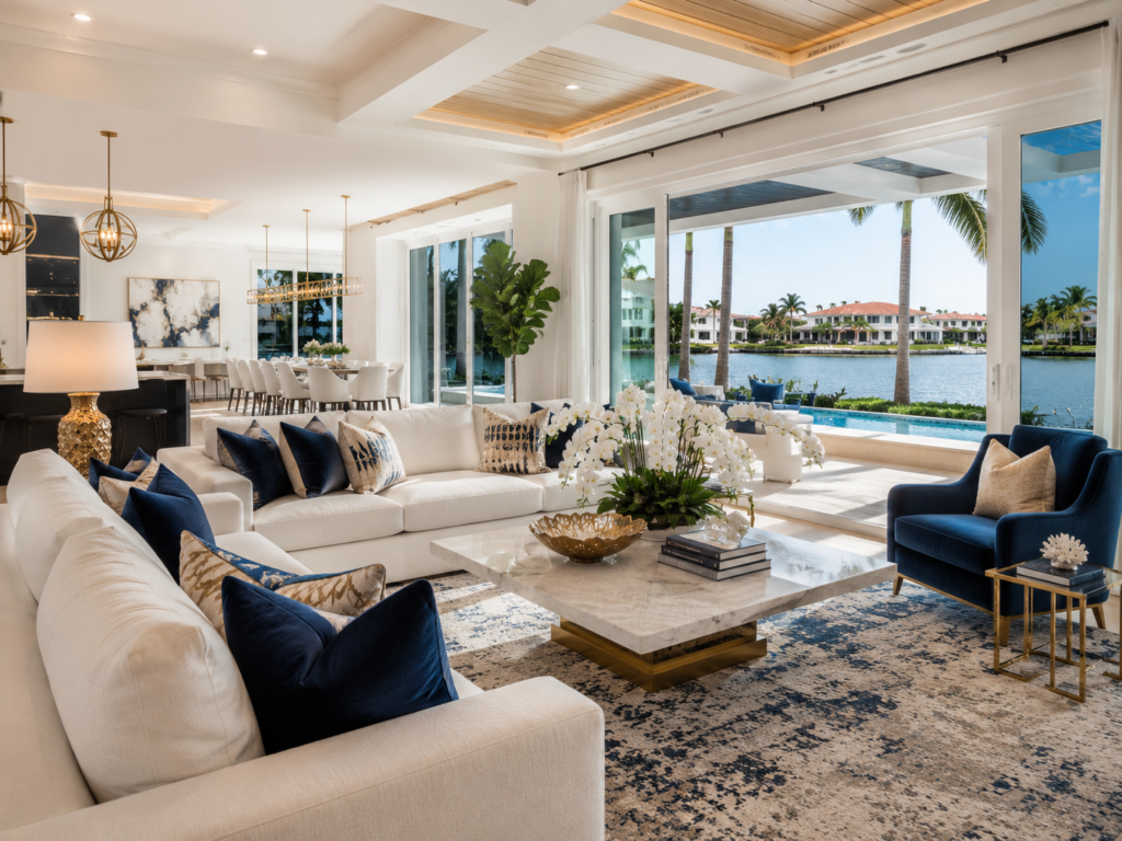 Professionally staged luxury waterfront living room prepared for a South Florida home listing