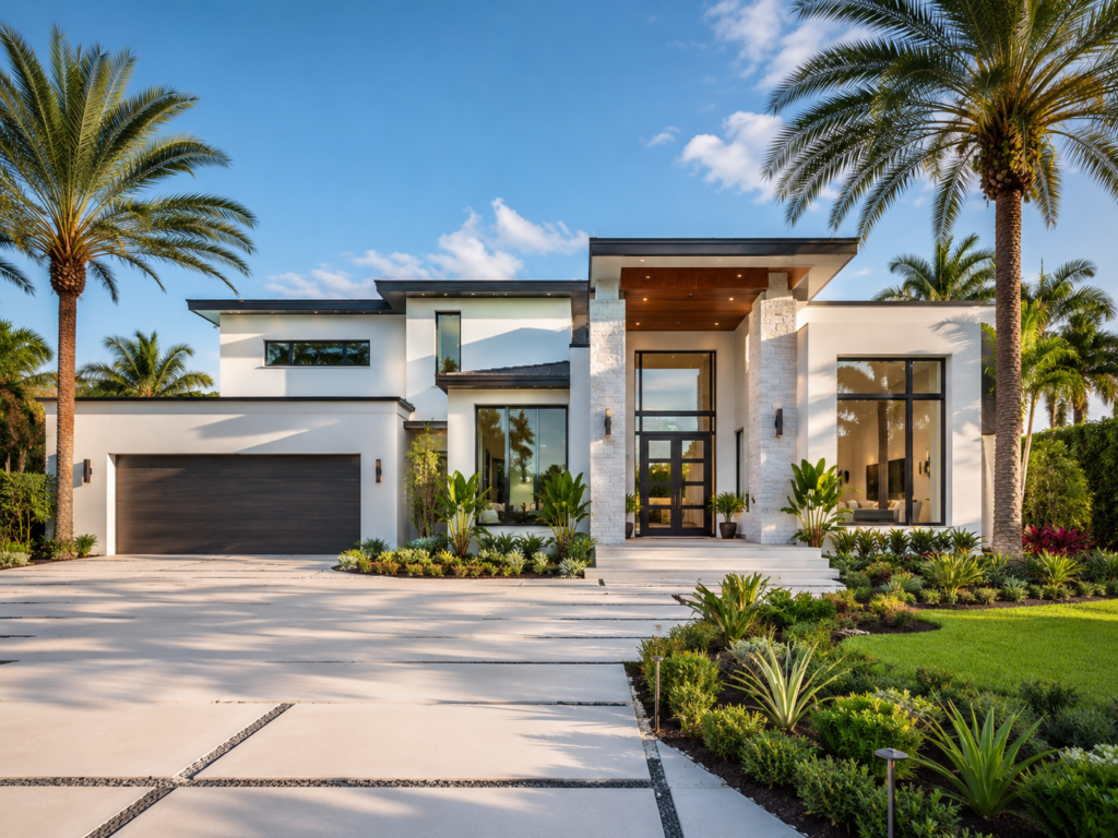Modern new construction luxury home with tropical landscaping in South Florida