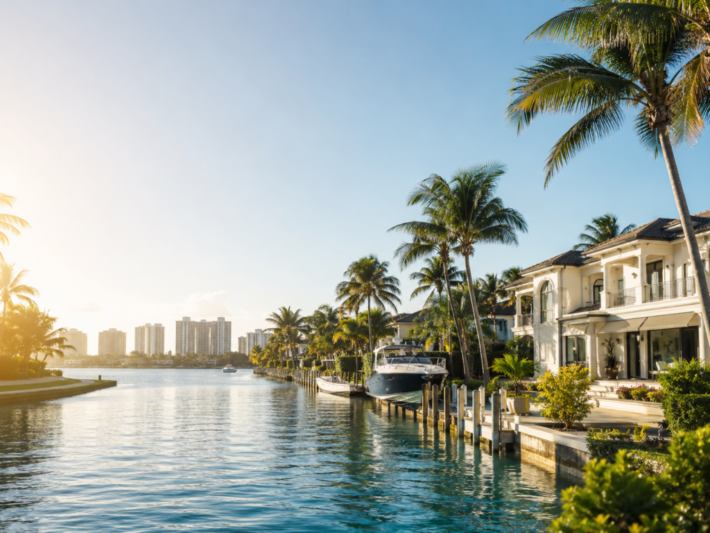 Sunny South Florida waterfront neighborhood with palm trees, luxury homes, and coastal lifestyle