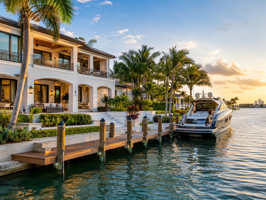 Luxury waterfront home with private dock and yacht in South Florida