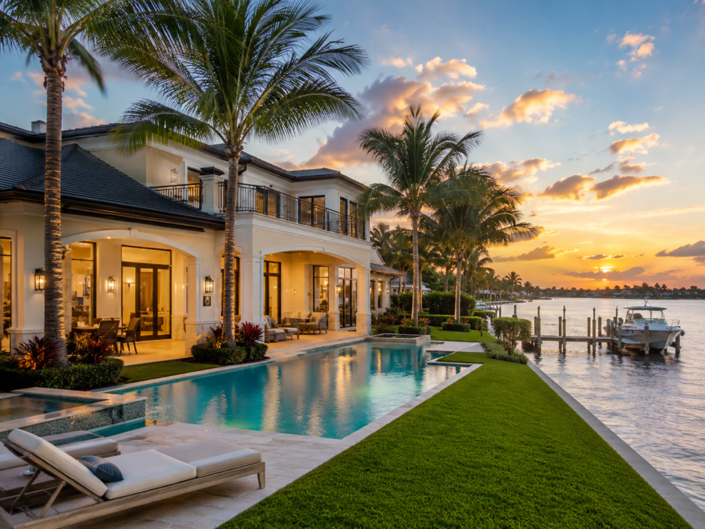 Professionally staged luxury waterfront living room prepared for a South Florida home listing